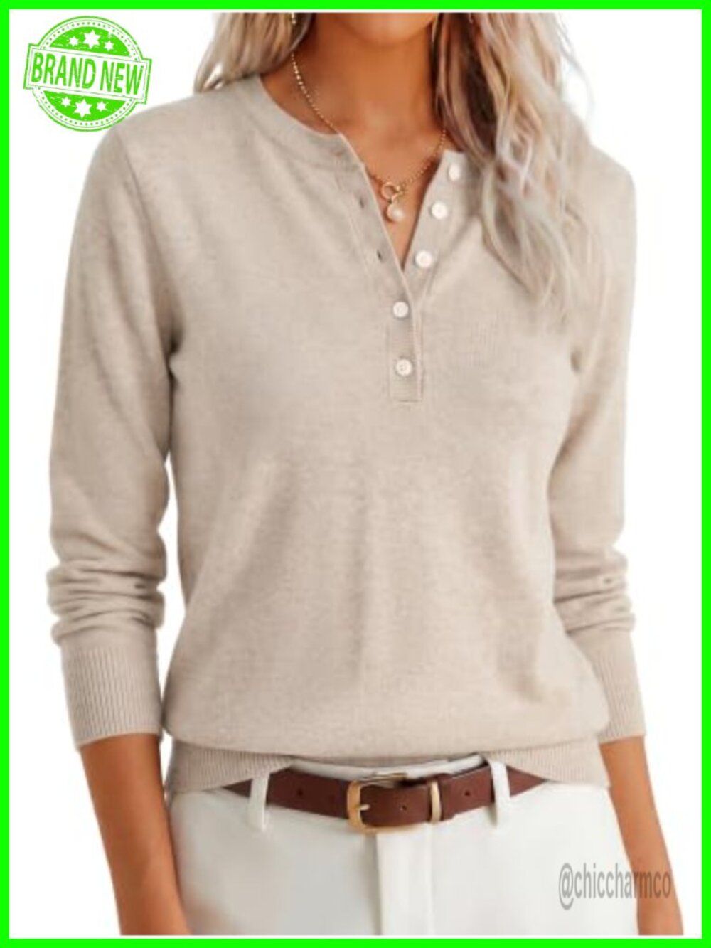 Women's Henley Neck Long Sleeve Lightweight Knit Pullover Sweater